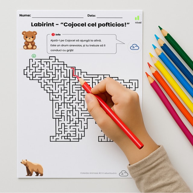Labirint imprimabil pentru copii în formă de urs (soluție inclusă) – PDF A4, orizontal (landscape), vertical(portrait)