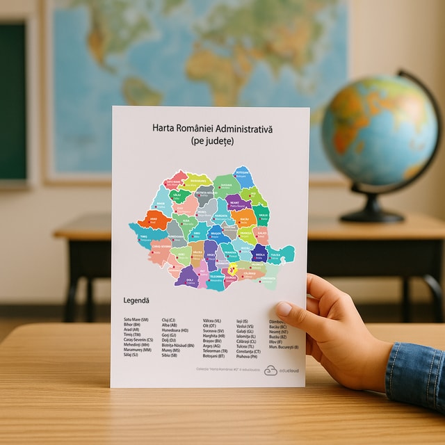 Harta României – Administrativă (pe județe) și orașe reședință format printabil CMYK la înaltă calitate orizontal (landscape) sau vertical (portrait) + variantă alb negru