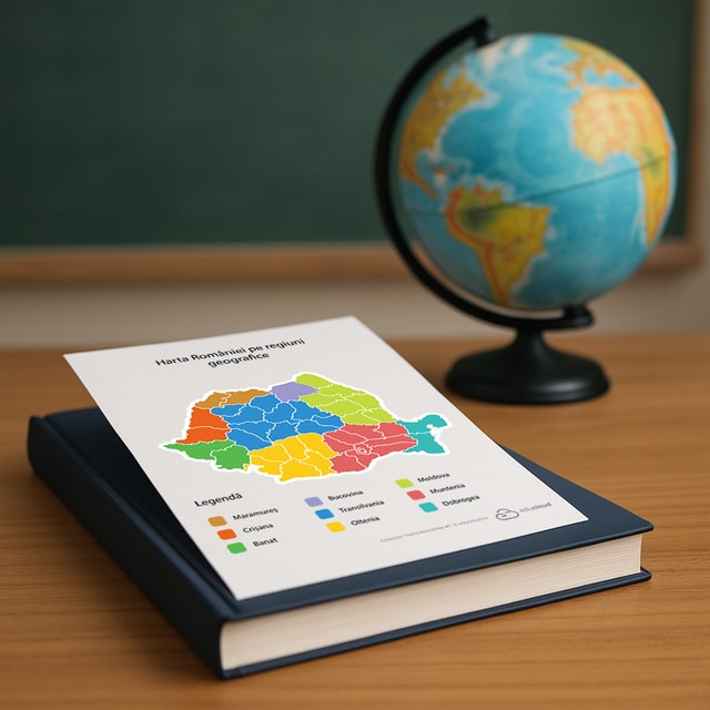 Harta României pe Regiuni Geografice – PDF color și alb-negru, printabil A4 în format orizontal și vertical