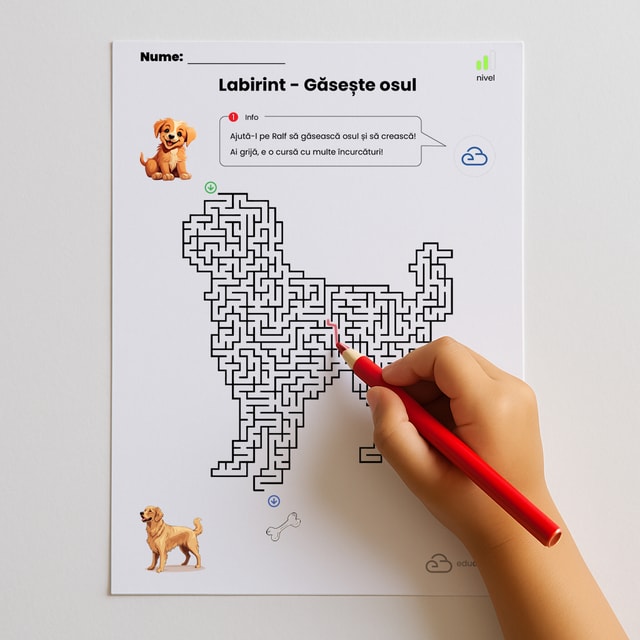 Labirint imprimabil pentru copii – Cățelul Ralf în căutarea osului (cu soluție inclusă) – PDF A4, orizontal (landscape), vertical (portrait)