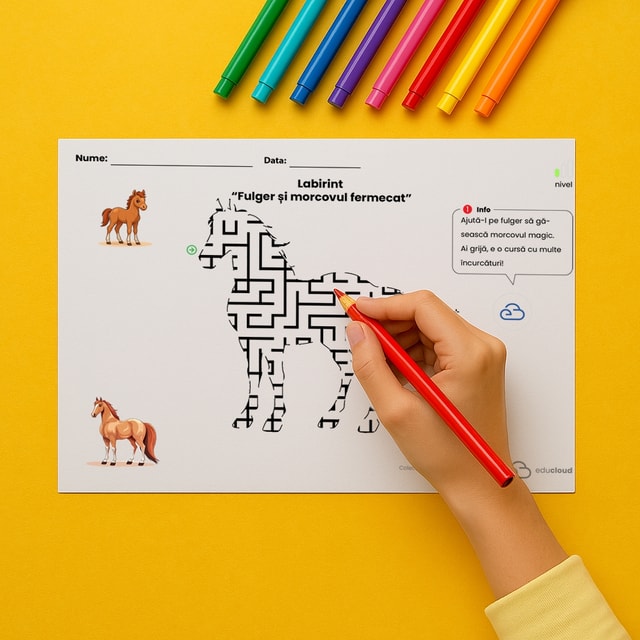 Labirint copii – „Fulger și morcovul fermecat” | Activitate educativă PDF imprimabil orizontal (landscape) sau vertical (portrait)