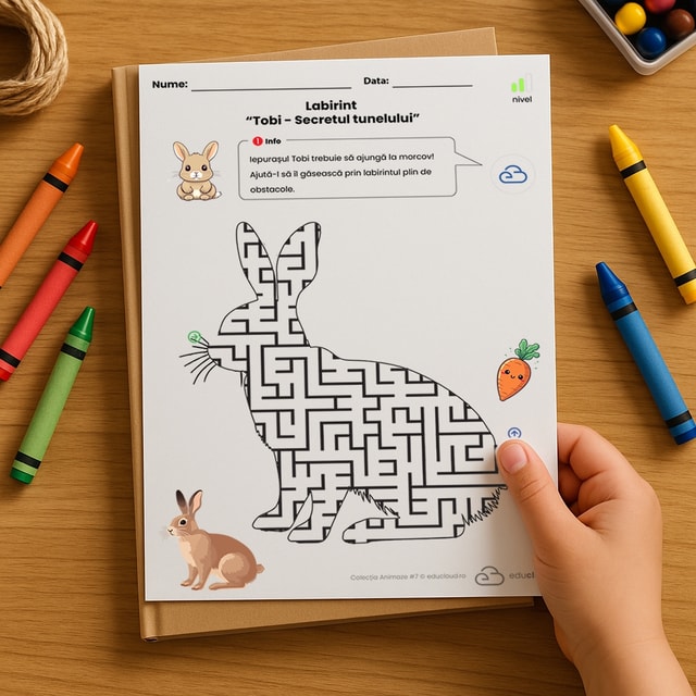 Labirint – Iepurașul „Tobi și Secretul tunelului” – Fișier printabil PDF în format orizontal (landscape) și vertical (portrait) la calitate înaltă