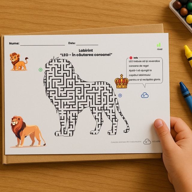 Labirint PDF pentru copii – „LEO – În căutarea coroanei” | Activitate educativă A4 imprimabil varianta verticală (portrait) și orizontală (landscape)