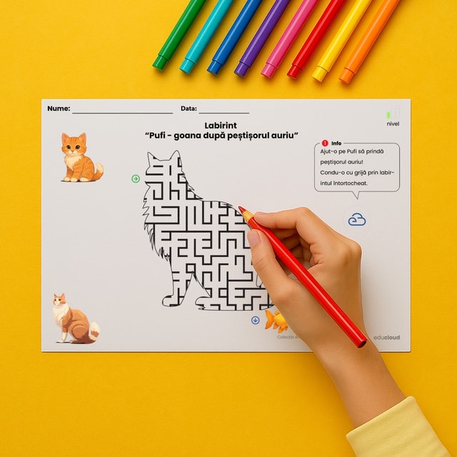 Labirint – „Pufi: goana după peștișorul auriu” – Activitate educativă PDF imprimabil A4 pentru copii, format orizontal (landscape) și vertical (portrait)